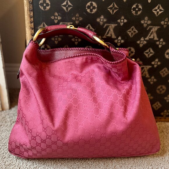 Pink Gucci Monogram Canvas GG Logo Hobo Tote with Leather Horsebit Handle - Picture 1 of 10